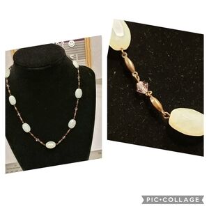 Signed Liz  Palacios Green Stone Necklace with Lavender Glass Beads